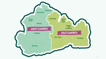 Local government reorganisation map showing West Surrey and East Surrey